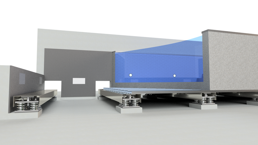 Technical cutaway showing steel coil spring mounts supporting a pool shell above the building structure